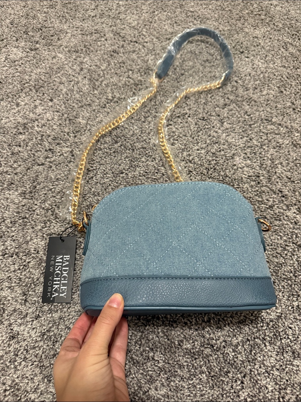 Badgley Mischka Light Blue Quilted Crossbody with Gold Chain